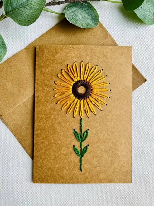 Sunflower Hand Stitched Greeting Card Kit, Embroidered Sunflower, DIY Embroidery Kit, Beginners Sewing Set, Kids Stitching Project