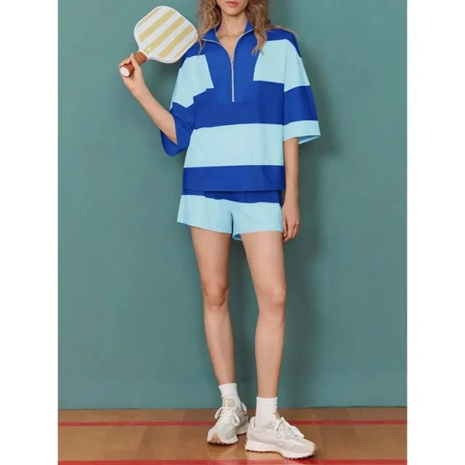 Y2K Color Block Half Zip Sweatshirt & High Waisted Shorts Set