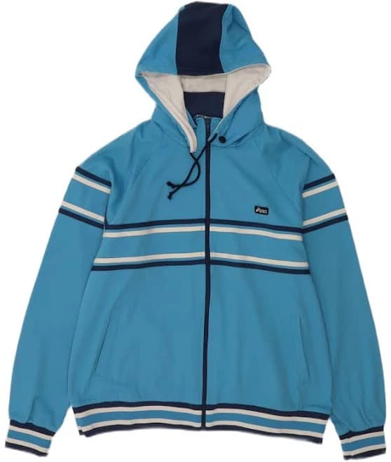 Asics Mens Hooded Tracksuit Top Jacket Large Blue Striped Polyester