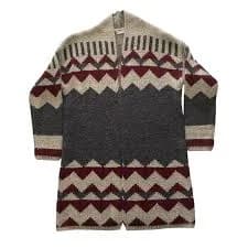 Debut Women XS Geometric Open Front Knit Cardigan Sweater Burgundy Grey Boho