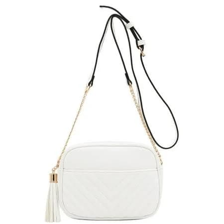 FashionPuzzle Chevron Quilted Crossbody Camera Bag with Chain Strap and Tassel (White)