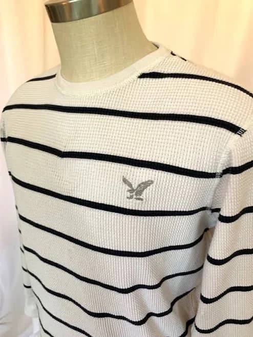 American Eagle Mens L/s Thermal Tee White/navy Stripes, Large
