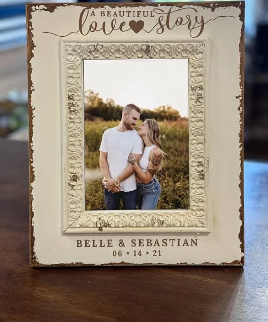 Personalized White Filigree Wooden 5x7 Photo Frame - FY1114 Beautiful Love Story / Portrait