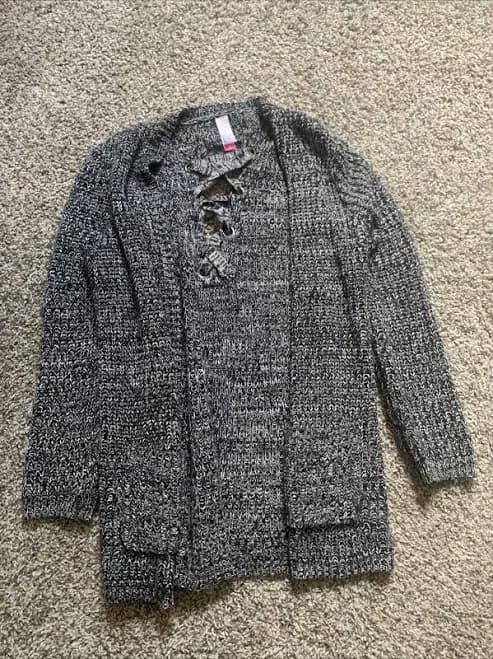 No Boundaries Grey Open Sweater Crossed Back Cable Knit Cardigan