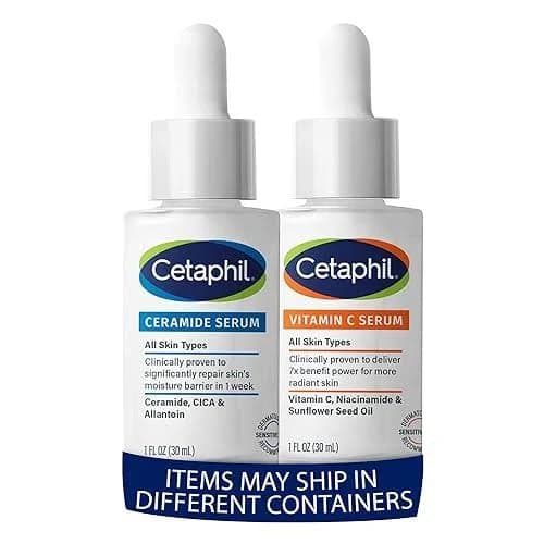 Cetaphil Vitamin C Serum, Reduces Look of Dark Spots, Fragrance Free 1oz + Ceramide Serum, Hydrates and Restores Skin Barrier, Designed for Sensitive