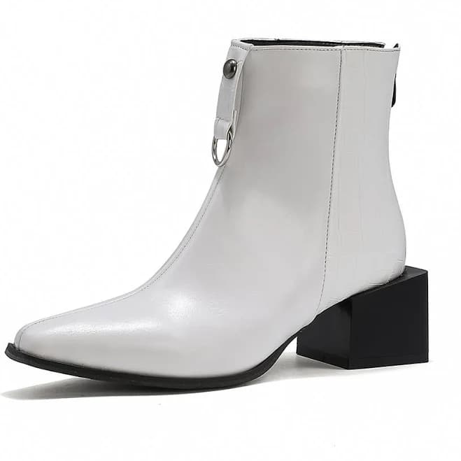 Black&White Snake Effect Block Heel Ankle Boots Pointy Toe Short Booties with Back Zipper