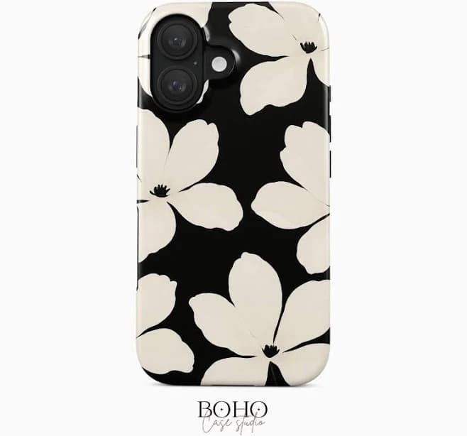 Black and White Floral Phone Case, Minimalist Flower Design