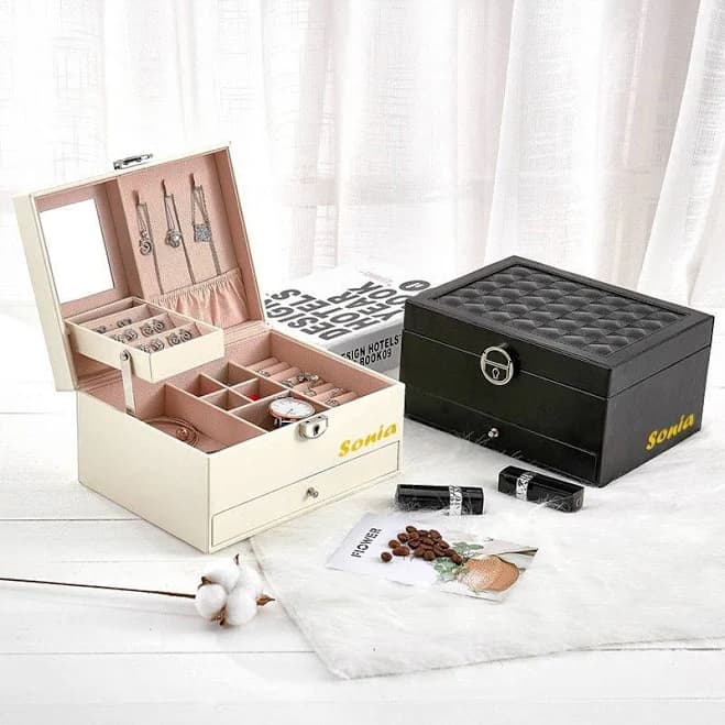 Women's Girls 3 Layer Medium Sized Jewelry Box with Lock And Mirror