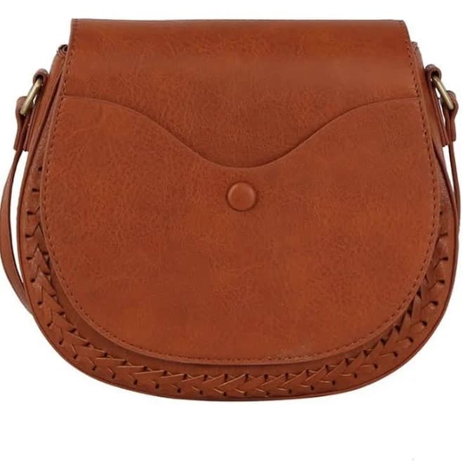 Metro Muse Vegan Crossbody Saddlebag. Front Flap Closure. Brown.