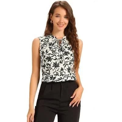 Inspire Chic Women's Sleeveless Self-Tie Ruffled Neck Floral Tank Top