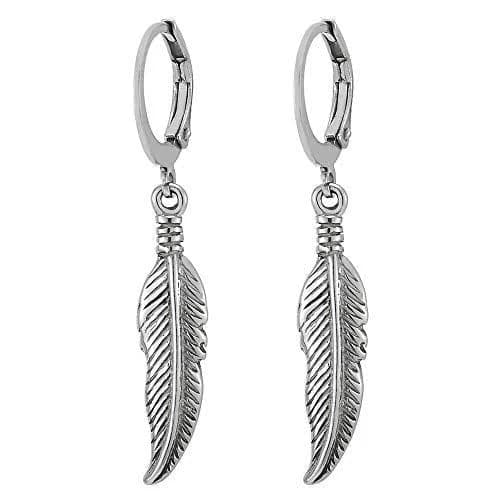 Stainless Steel Huggie Hinged Hoop Earrings with Vintage Feather Leaf
