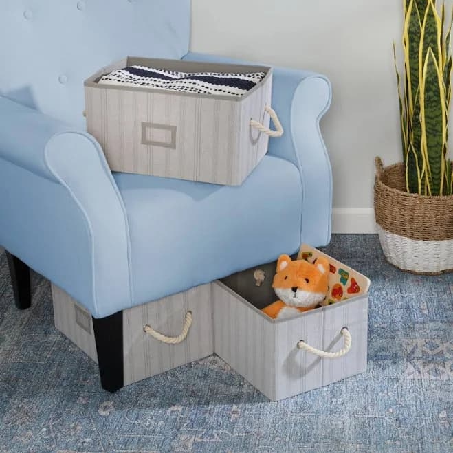 Honey Can Do Gray Stripes Folding Large Fabric Storage Bins with Handles (Set of 3)