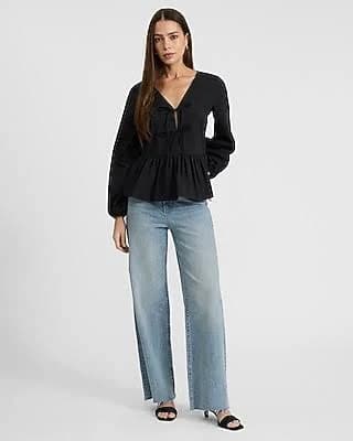 Express Women's Tie Front Long Sleeve Peplum Top