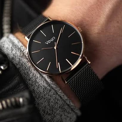 Minimalist Men's Rose Gold Watch with Black Mesh Strap