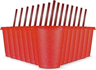 Rtteri 15 Pcs Reusable Cups with Straws and Lids 16 oz Glitter Tumblers Plastic Party Favor Cups with Lids Travel Mug Tumbler for St. Patrick's Day Easter Party Iced Beverage Water(Red)