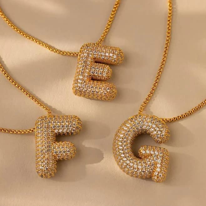 Caitlyn Minimalist Pave Puffy Gold Letter Charm Necklace