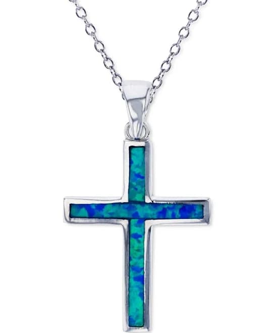 Macy's Women's Sterling Silver Lab-Created Blue Opal Cross Pendant Necklace