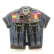 Custom Made Denim Jacket Short Sleeve Hand Painted Jeweled Studded Men's Small