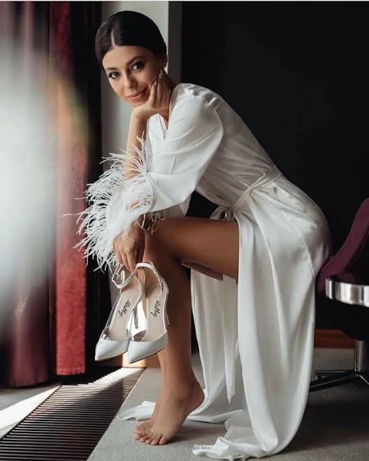 Silk Satin Bridal Robe with Feather Sleeves