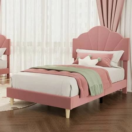 Tzou Twin-XL Bed Frame with Seashell Headboard - Velvet Upholstered Platform Bed, Wood Slat Support & Adjustable Headboard | No Box Spring Needed,