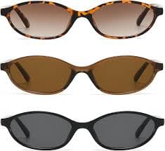 NULOOQ Retro Oval Cat Eye Sunglasses for Women Y2k Trendy Small Narrow Sunnies 90s Designer Sun Glasses (Black + Leopard + Brown) - 3 Pack at Amazon Women's Clothing store
