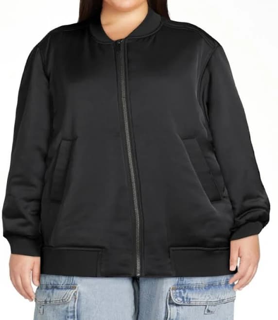 Scoop Women's Oversized Satin Bomber Jacket with Rouched Sleeves
