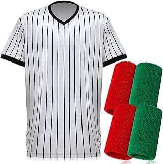 Wrestling Referee Shirt and Wrestling Wrist Bands Set 1 Pcs Official Performance Ref Jersey Uniform Referee Costume with Black Pinstripes 4 Pcs Red and Green Wrestling Arm Bands for Match
