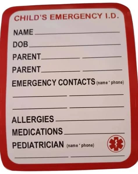 Car Seat/stroller Emergency Id Sticker