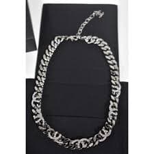 Chanel Silver Tone Chanel Leather & Chain Choker With Strass CC Necklace | Grailed