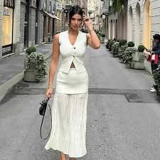 Knitted Pleats Patchwork Skirts Sets for Women 2 Pieces Button V-neck Vest Top Ankle-Length Skirt Lady Commuter Suit Elegant Temperament | Fruugo NO