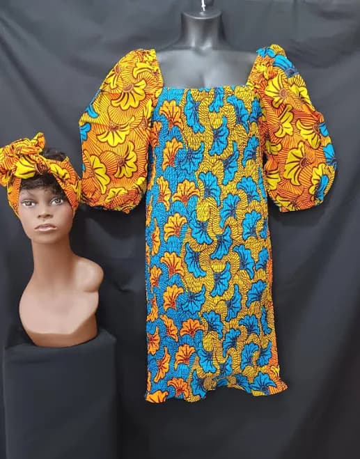 Africa Print Dress with Matching Headwrap. Smocked Dress, Elastic Top to Bottom with Puffed Sleeves. Beautiful! and .