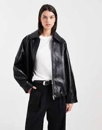 ASOS DESIGN leather look oversized bomber jacket in black | ASOS