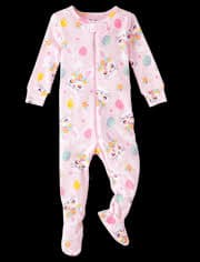 Baby And Toddler Girls Long Sleeve Bunny Print Snug Fit Cotton Footed One Piece Pajamas - PINK | The Children's Place