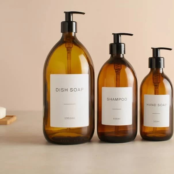 Amber Glass Bottle - Refillable Bottle With Black Pump Dispenser & Label | For Shampoo, Hand Soap, Hand Cream, Body Wash | Eco Reuse