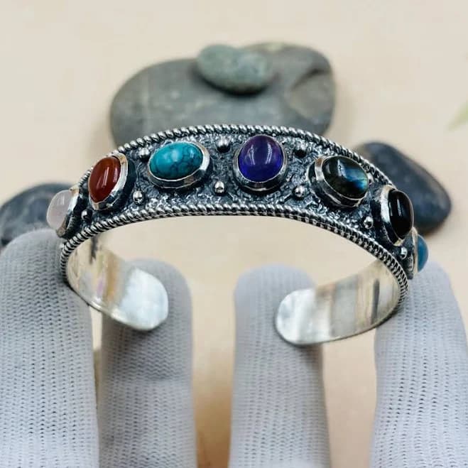 Oxidized Silver Multi Stone Cuff Bracelet