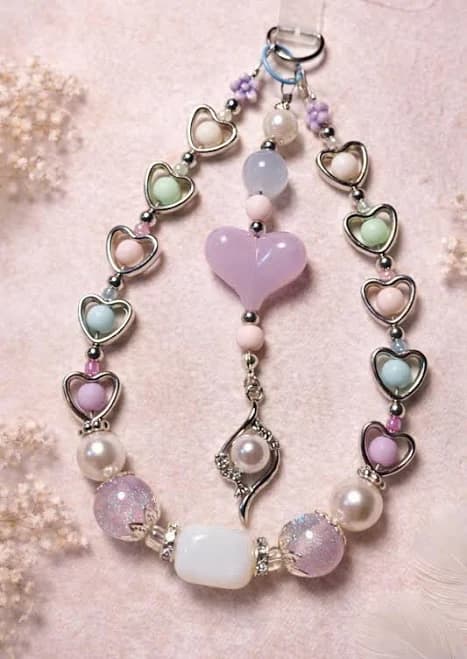 Pastel Heart Phone Charm | Handmade Beaded Phone Strap | Sweet Heart Wristlet | Handmade in Australia