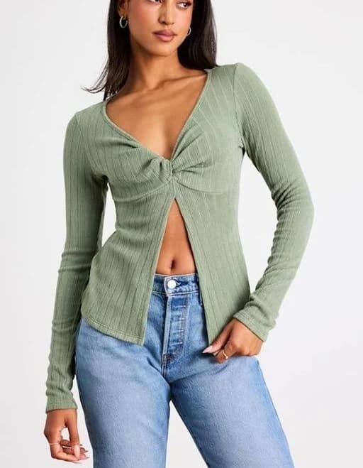 Lulus Women's Myron Sage Ribbed Knit Twist-Front Long Sleeve Top - Blue - Long sleeved tops