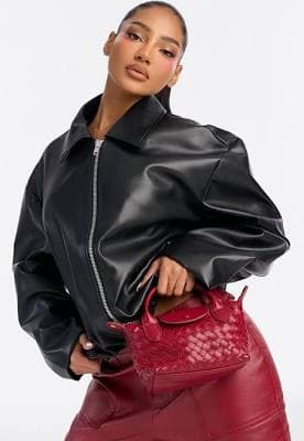 Fashion Nova Ayla Woven Faux Leather Satchel Handbag