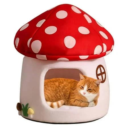 Mushroom Cat Bed for Indoor Cats & Small Dogs - Soft Plush Cave Bed with Removable Cushion, Cozy Pet Nest Tent - Red & White