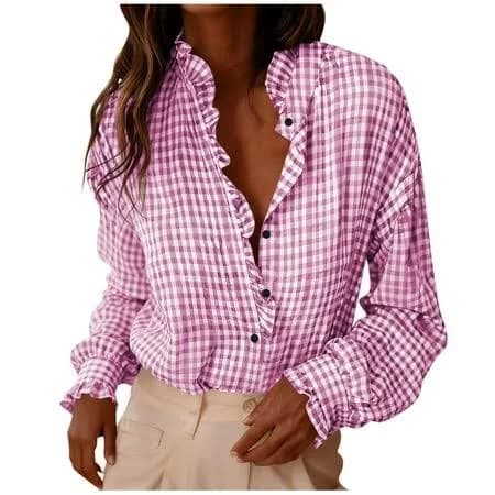 Women's Gingham V-Neck Ruffled Soft Stretch Blouse