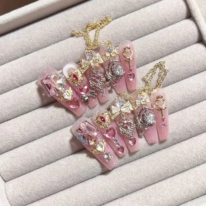 Handmade Pink Glitter Press On Nails: Crystal Jewel Accents