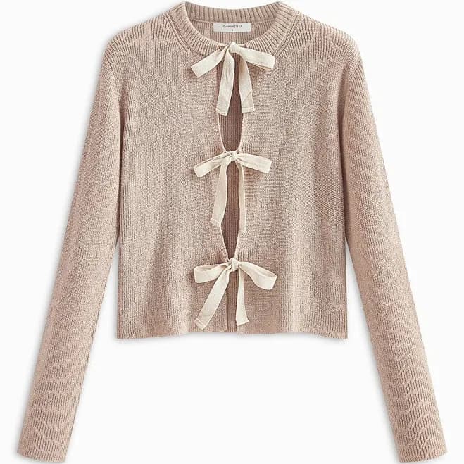 Off-White Ribbed Bow Knotted Cardigan