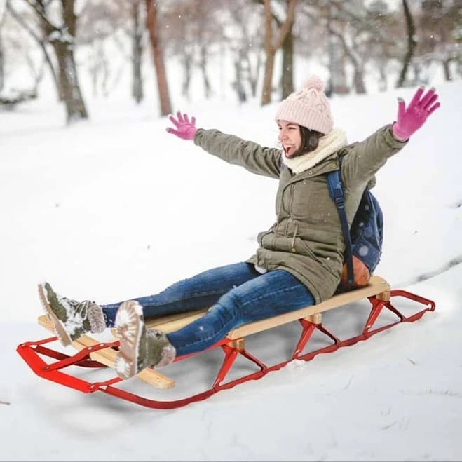 costway 54 Inch Snow Sled with Metal Runners and Steering Bar