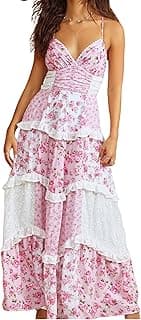Womens Lace Patchwork Floral Maxi Dress Spaghetti Strap Sexy Backless Ruffle Tiered Boho Beach Sundresses