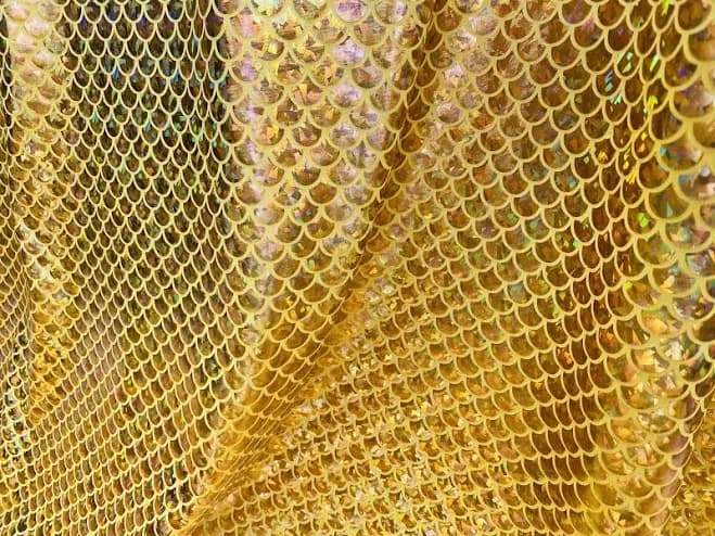 Mermaid Scale Fabric Fish Tale Foil Iridescent Stretch Spandex Material - 150cm wide - Yellow on Gold