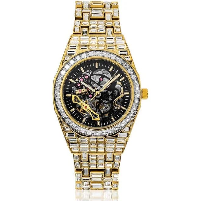 Helloice Men's Mechanical Baguette Stone Watch in Gold