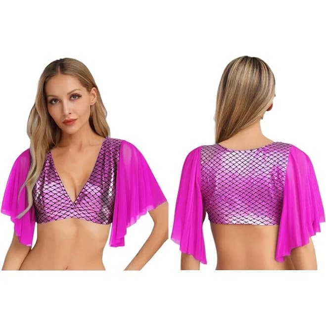 Women Deep V-neck Shiny Holographic Mermaid Scale Bra Top For