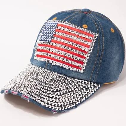 USA Flag Denim Cap with Rhinestone Brim
