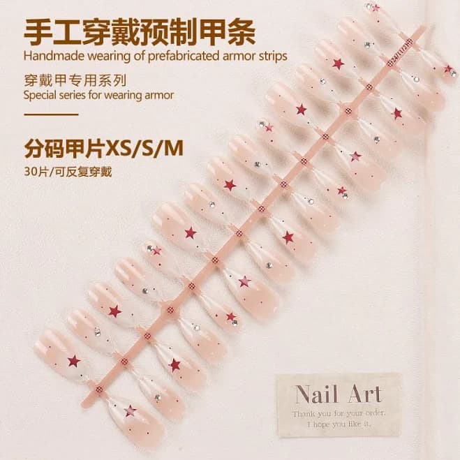 Press on nails, Anime nails, Press on nails acrylic, Red Star Handmade Wearable Nail Tips - Almond Shape Long Length Nude & Red Color Glossy Pre-Made
