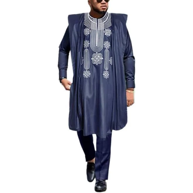 Men's African Agbada Embroidery Dashiki 3 Piece Outfit